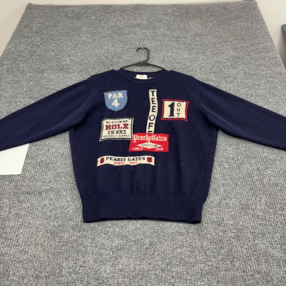 Vintage Pearly Gates Sweater Mens S Navy Wool Graphic Patch Crewneck Golf Preppy